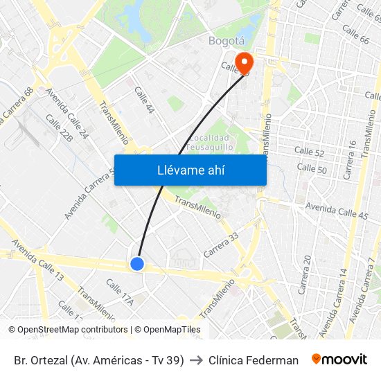 Br. Ortezal (Av. Américas - Tv 39) to Clínica Federman map