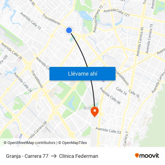 Granja - Carrera 77 to Clínica Federman map