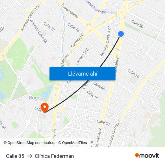 Calle 85 to Clínica Federman map