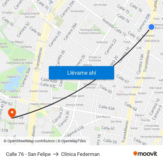 Calle 76 - San Felipe to Clínica Federman map