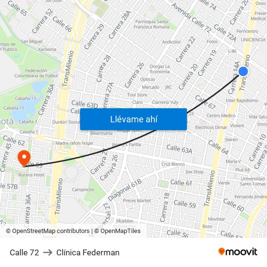 Calle 72 to Clínica Federman map