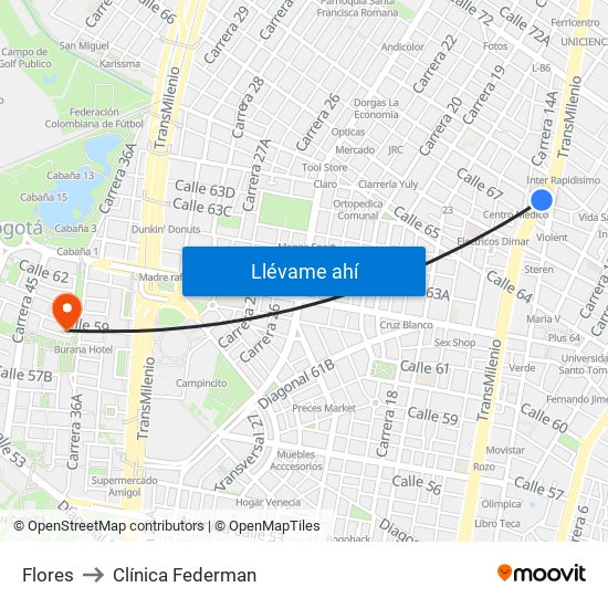 Flores to Clínica Federman map