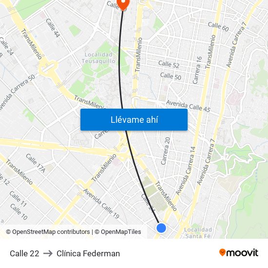 Calle 22 to Clínica Federman map