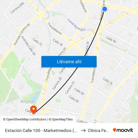 Estación Calle 100 - Marketmedios (Auto Norte - Cl 98) to Clínica Federman map