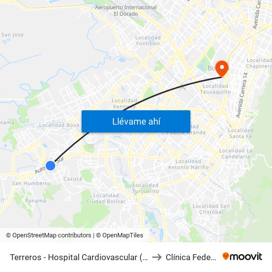 Terreros - Hospital Cardiovascular (Lado Sur) to Clínica Federman map