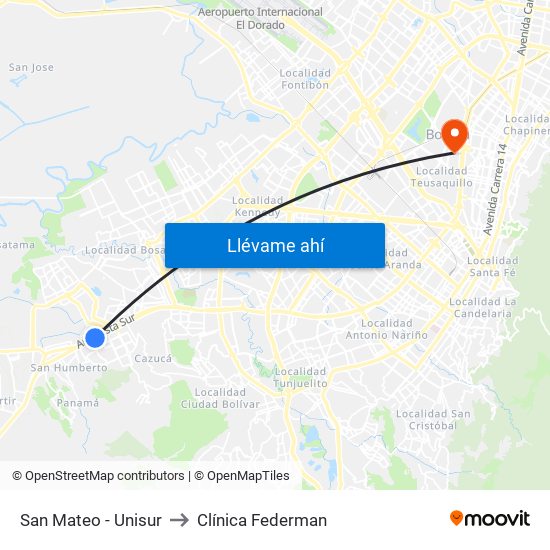 San Mateo - Unisur to Clínica Federman map