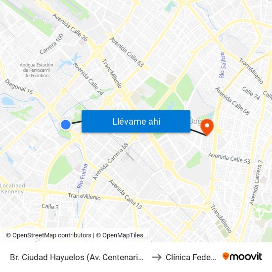 Br. Ciudad Hayuelos (Av. Centenario - Kr 78g) to Clínica Federman map