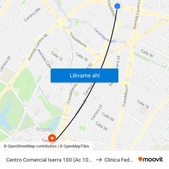 Centro Comercial Iserra 100 (Ac 100 - Kr 54) (B) to Clínica Federman map