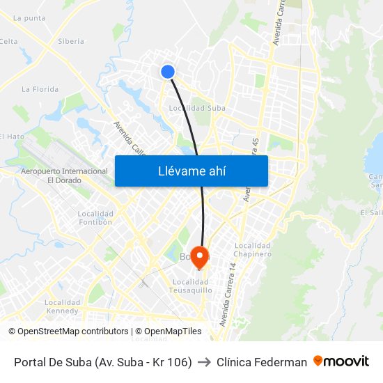 Portal De Suba (Av. Suba - Kr 106) to Clínica Federman map