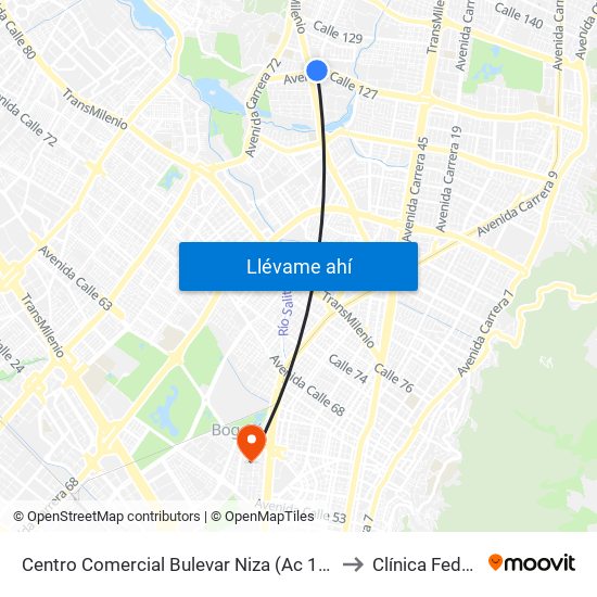 Centro Comercial Bulevar Niza (Ac 127 - Av. Suba) to Clínica Federman map