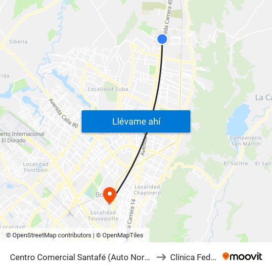 Centro Comercial Santafé (Auto Norte - Cl 187) (B) to Clínica Federman map