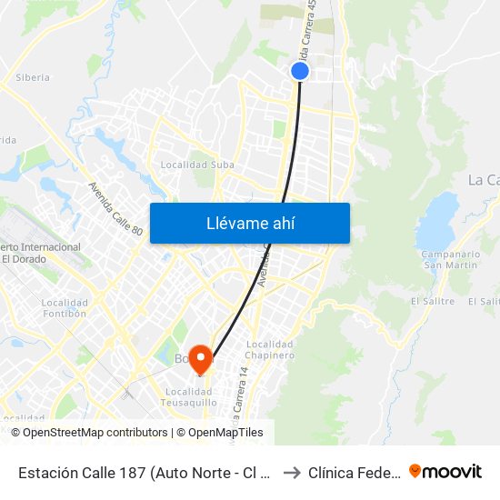 Estación Calle 187 (Auto Norte - Cl 187 Bis) (A) to Clínica Federman map