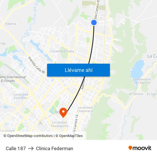 Calle 187 to Clínica Federman map