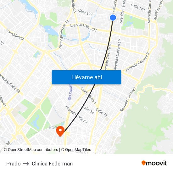 Prado to Clínica Federman map