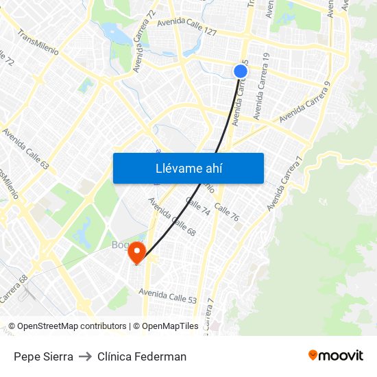 Pepe Sierra to Clínica Federman map