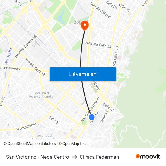 San Victorino - Neos Centro to Clínica Federman map