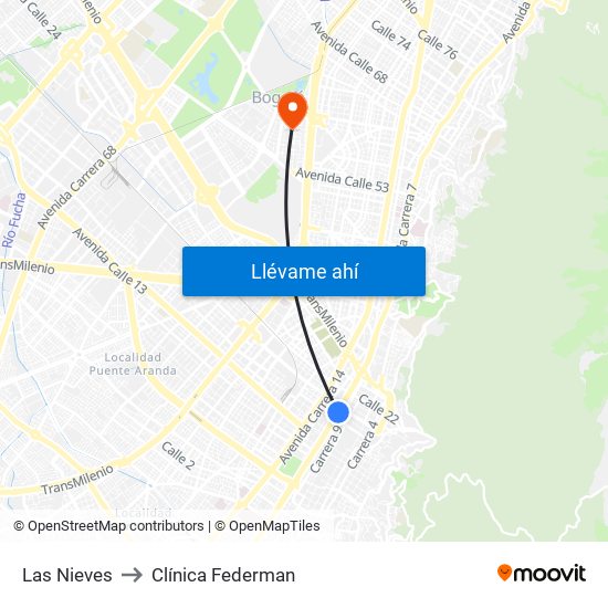 Las Nieves to Clínica Federman map
