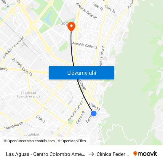 Las Aguas - Centro Colombo Americano to Clínica Federman map
