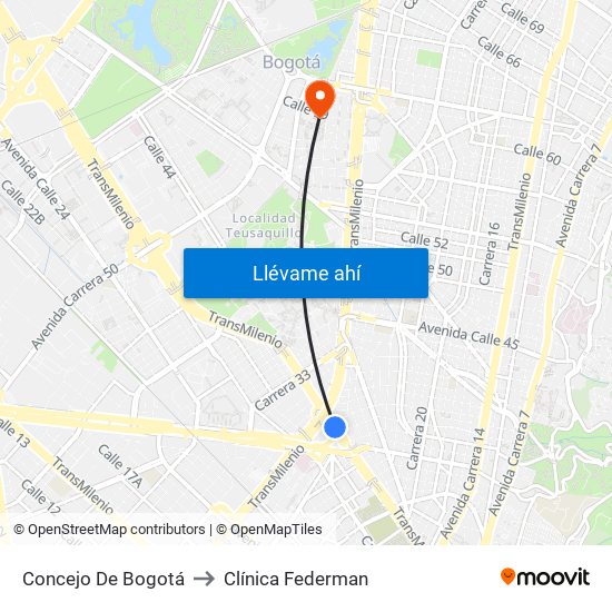 Concejo De Bogotá to Clínica Federman map
