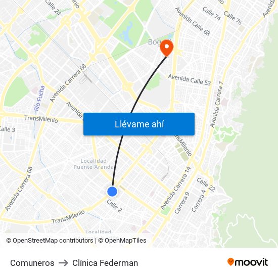 Comuneros to Clínica Federman map