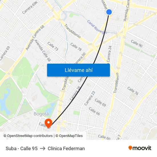 Suba - Calle 95 to Clínica Federman map
