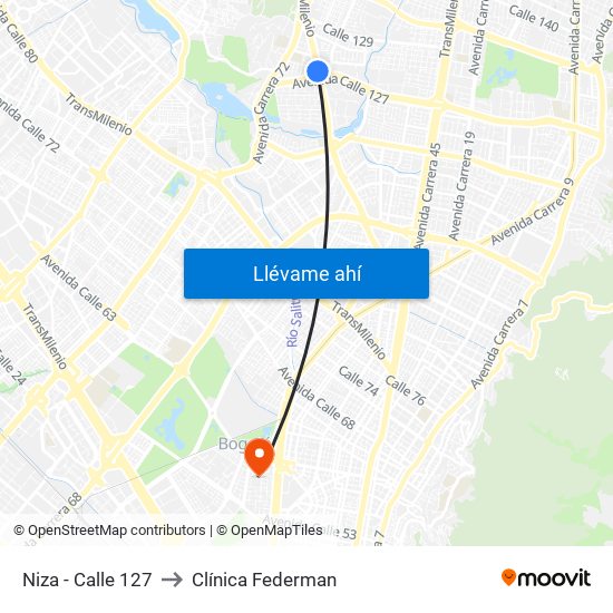 Niza - Calle 127 to Clínica Federman map