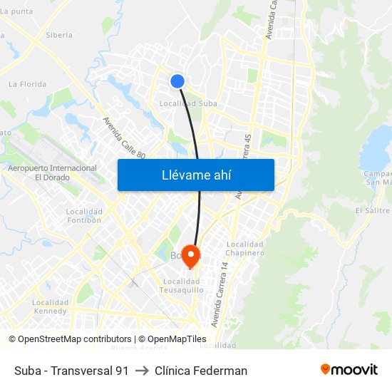 Suba - Transversal 91 to Clínica Federman map