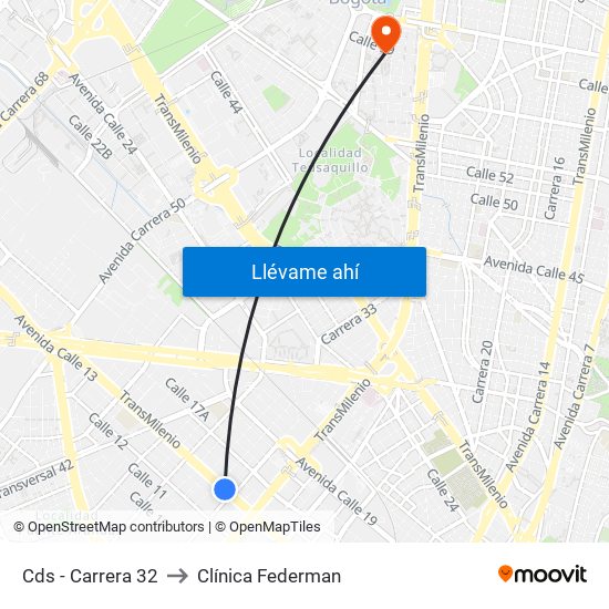 Cds - Carrera 32 to Clínica Federman map