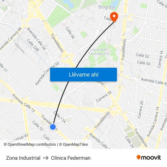 Zona Industrial to Clínica Federman map