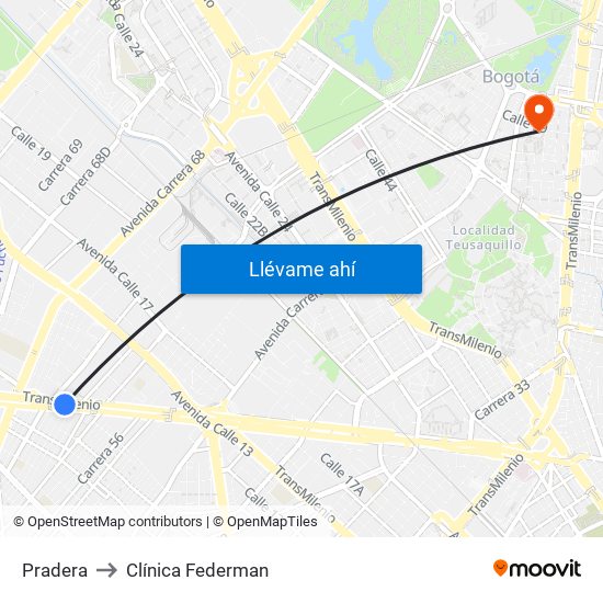 Pradera to Clínica Federman map