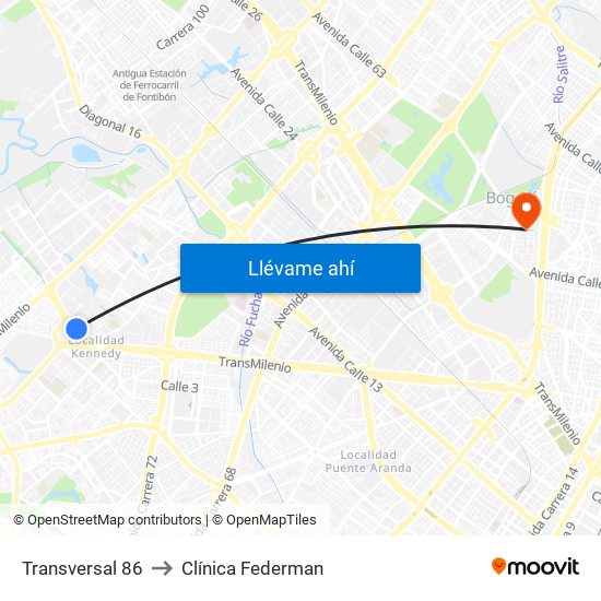 Transversal 86 to Clínica Federman map