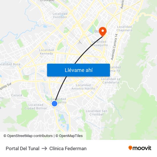 Portal Del Tunal to Clínica Federman map