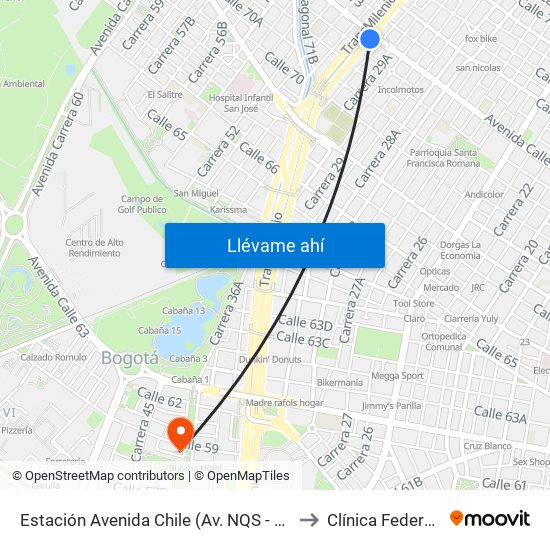 Estación Avenida Chile (Av. NQS - Cl 71c) to Clínica Federman map