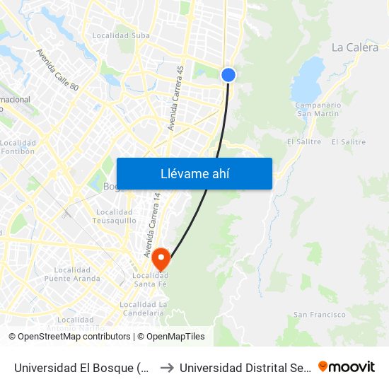 Universidad El Bosque (Kr 7 Bis - Cl 131) to Universidad Distrital Sede Macarena A map
