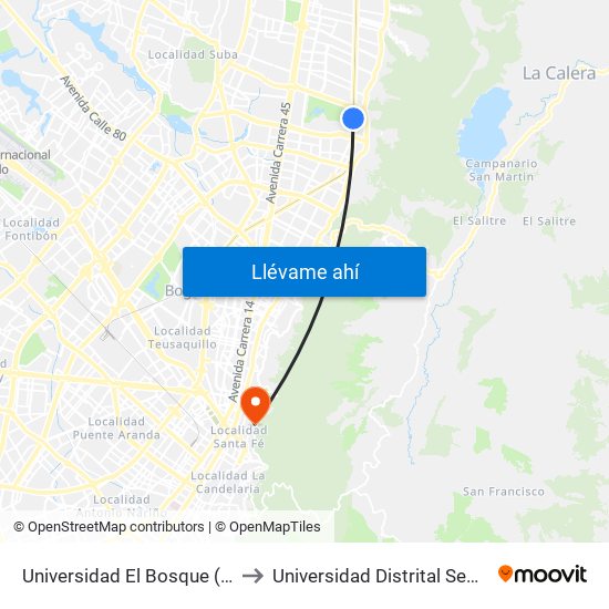 Universidad El Bosque (Ak 9 - Cl 129) to Universidad Distrital Sede Macarena A map