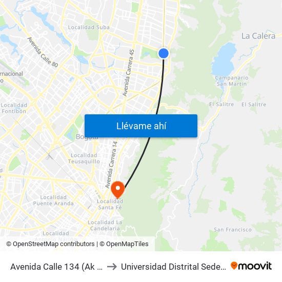 Avenida Calle 134 (Ak 9 - Ac 134) to Universidad Distrital Sede Macarena A map