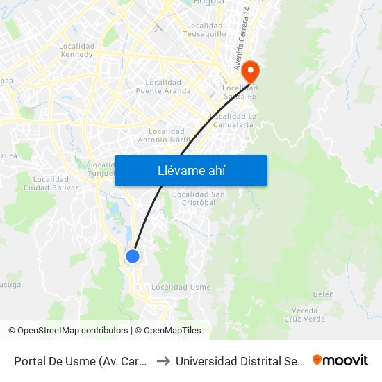 Portal De Usme (Av. Caracas - Cl 64 Sur) to Universidad Distrital Sede Macarena A map