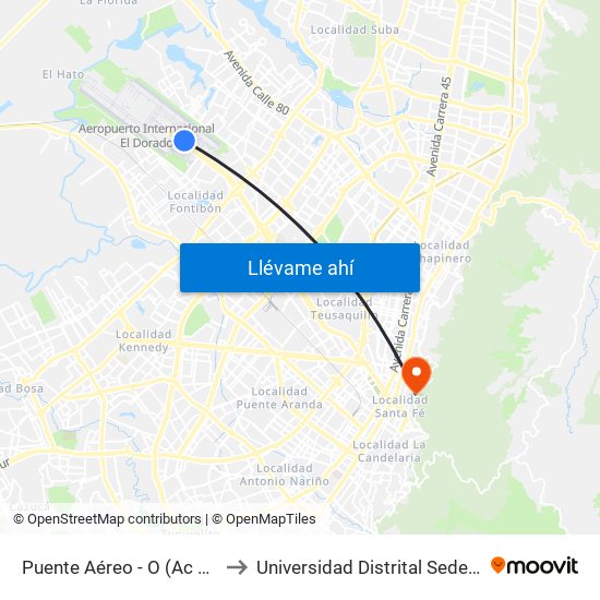 Puente Aéreo - O (Ac 26 - Kr 106) to Universidad Distrital Sede Macarena A map