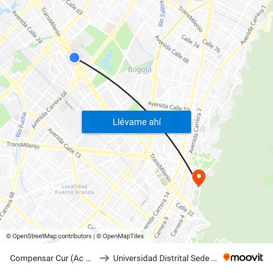 Compensar Cur (Ac 26 - Kr 69) to Universidad Distrital Sede Macarena A map