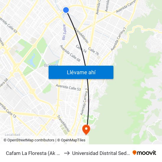 Cafam La Floresta (Ak 68 - Cl 90) (C) to Universidad Distrital Sede Macarena A map