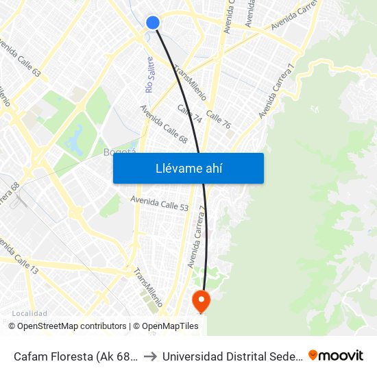 Cafam Floresta (Ak 68 - Cl 95) (C) to Universidad Distrital Sede Macarena A map