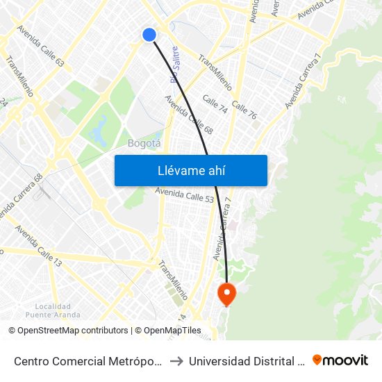 Centro Comercial Metrópolis (Ak 68 - Cl 76a) (C) to Universidad Distrital Sede Macarena A map