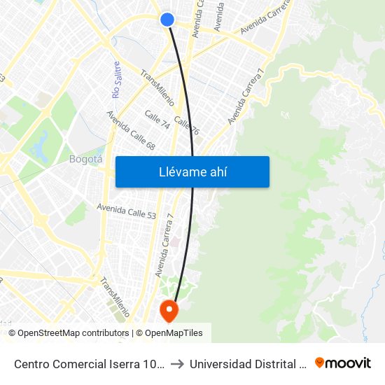 Centro Comercial Iserra 100 (Ac 100 - Tv 55) (C) to Universidad Distrital Sede Macarena A map