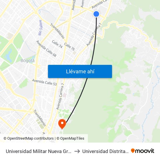 Universidad Militar Nueva Granada (Ac 100 - Kr 10) (B) to Universidad Distrital Sede Macarena A map