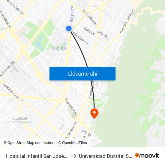 Hospital Infantil San José (Ac 68 - Kr 52) (B) to Universidad Distrital Sede Macarena A map