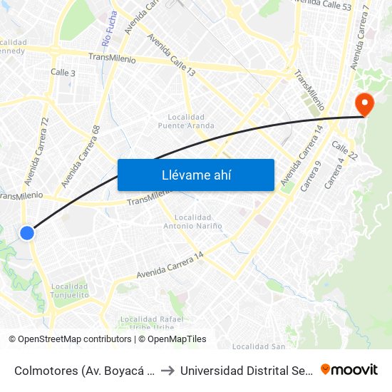 Colmotores (Av. Boyacá - Dg 53 Sur) (B) to Universidad Distrital Sede Macarena A map