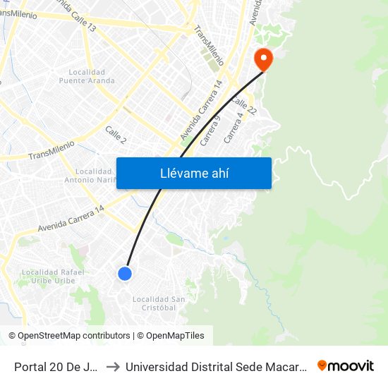 Portal 20 De Julio to Universidad Distrital Sede Macarena A map