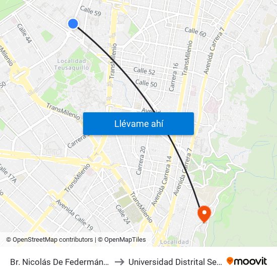 Br. Nicolás De Federmán (Ak 50 - Cl 57b) to Universidad Distrital Sede Macarena A map