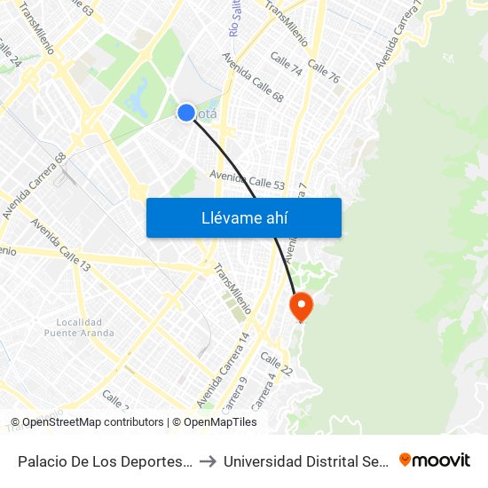 Palacio De Los Deportes (Ac 63 - Kr 56) to Universidad Distrital Sede Macarena A map