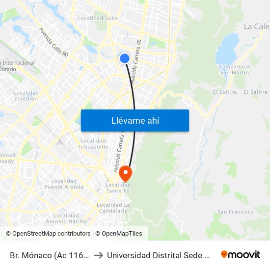 Br. Mónaco (Ac 116 - Kr 53) to Universidad Distrital Sede Macarena A map